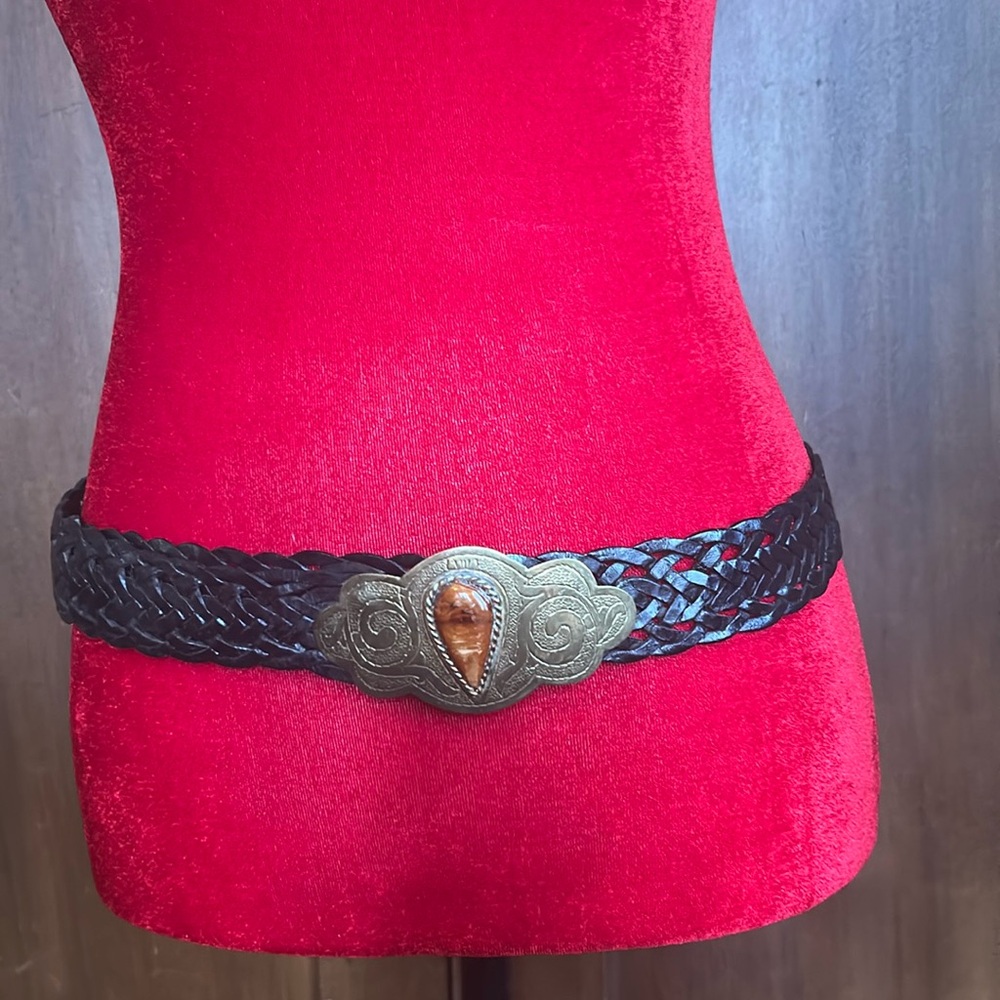 Vintage Braided Leather Belt with Gold Stone Buckle